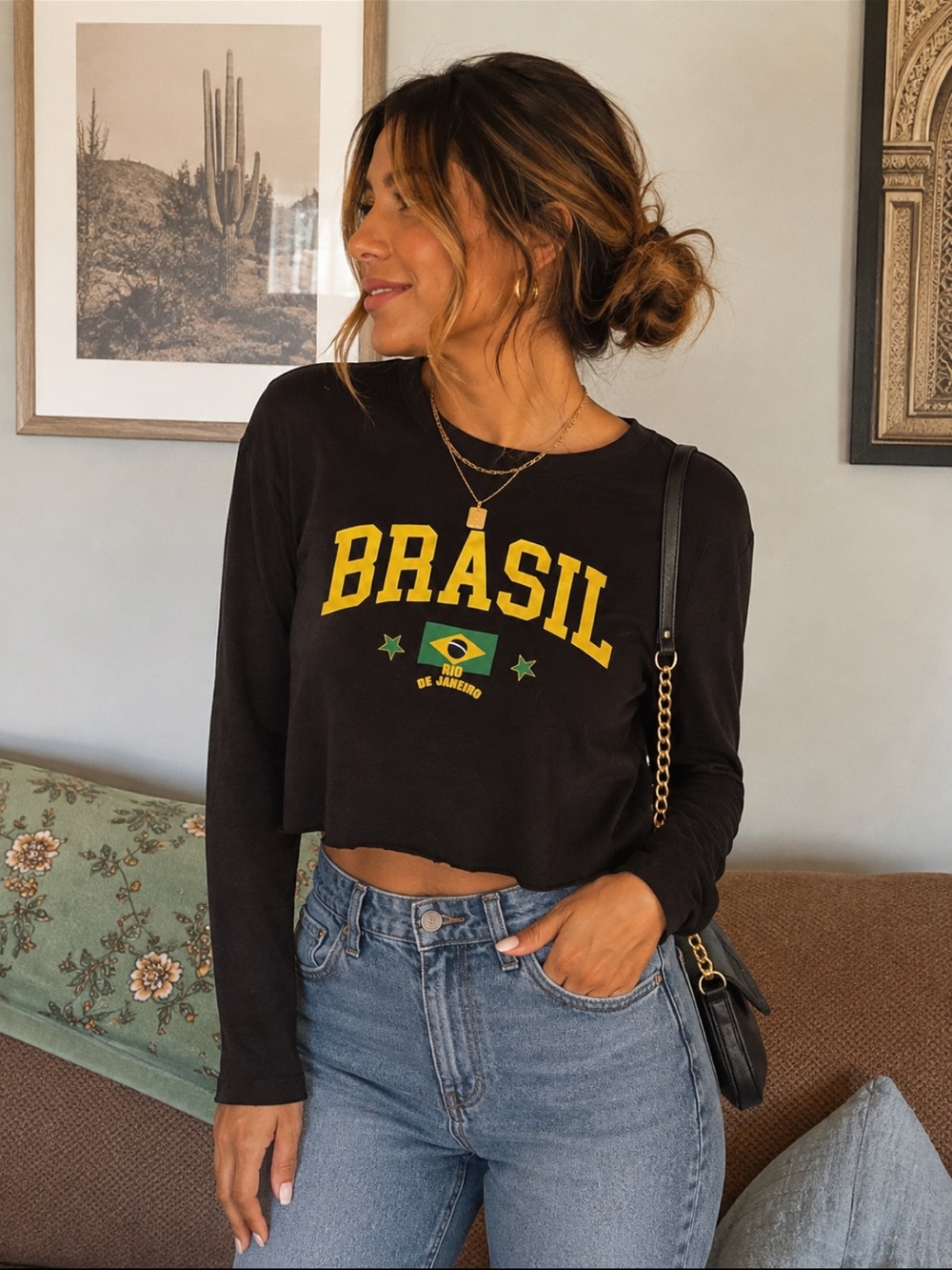 Bershka Black Crop Long-Sleeve Top with Yellow Brasil Graphic